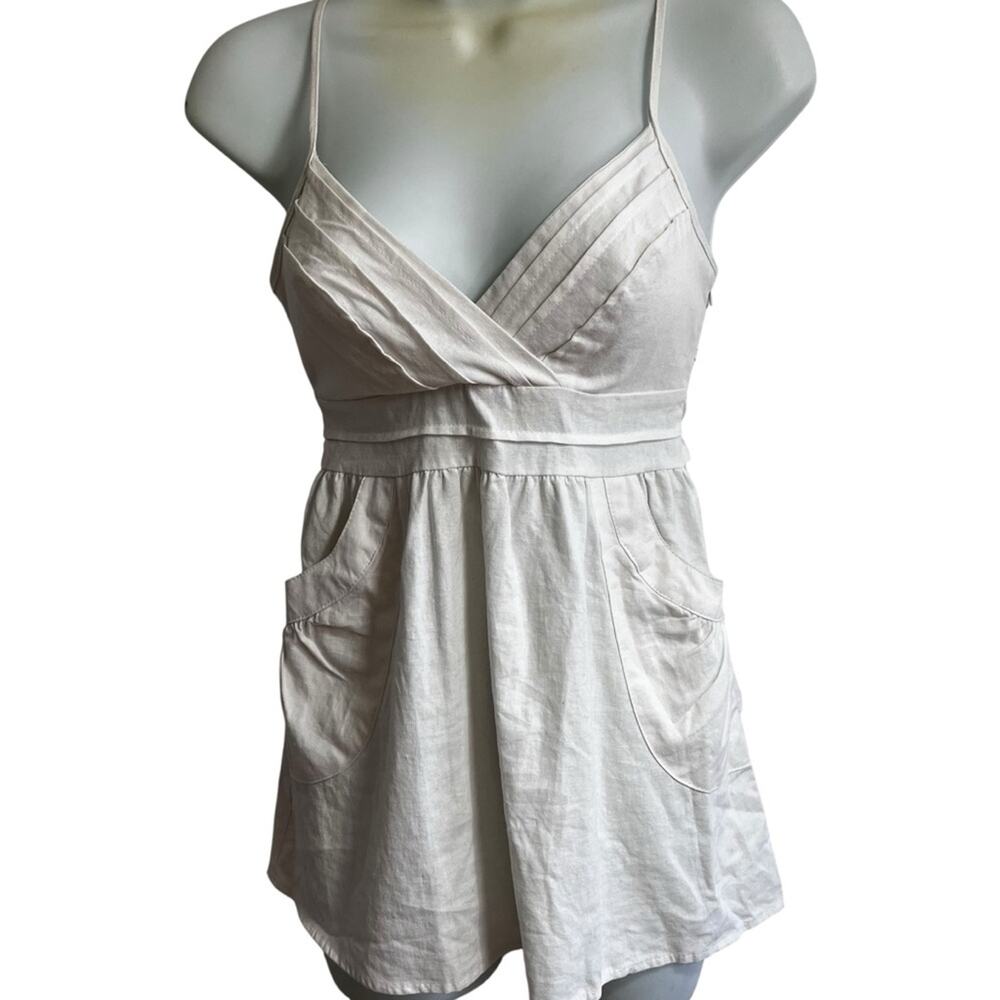 Y2K 2000s White Linen Top | XS | Pockets, Empire Waist, Tie Back, V-neck by 579